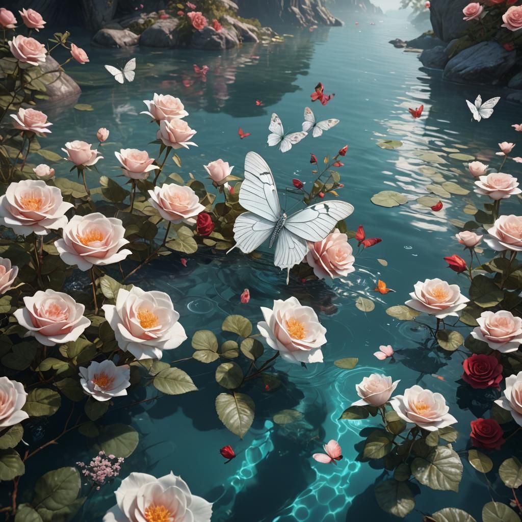 White Butterfly, Clear Water, Rose: Fantasy Concept Art