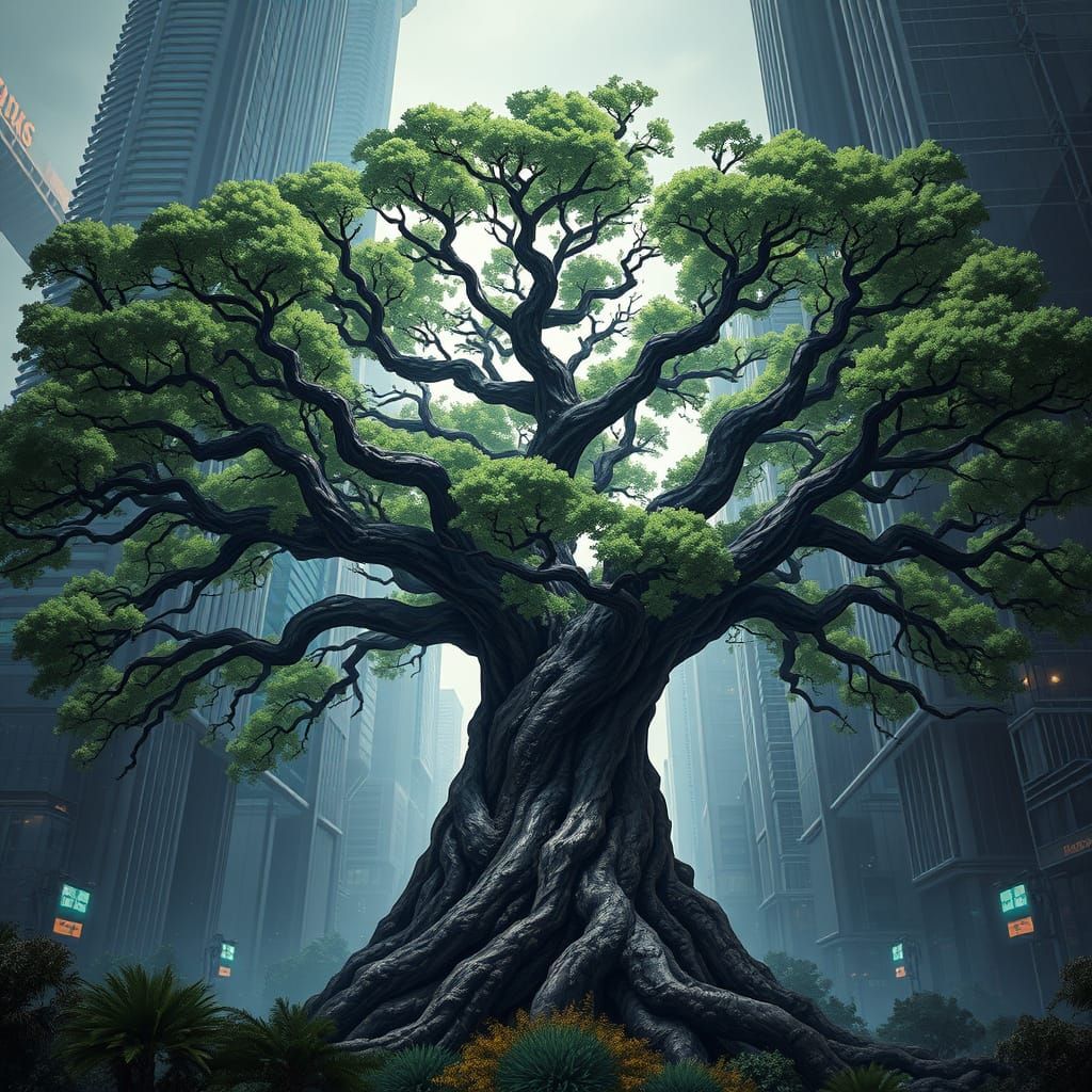 Oak Tree and Futuristic Cityscape, Matte Painting Style