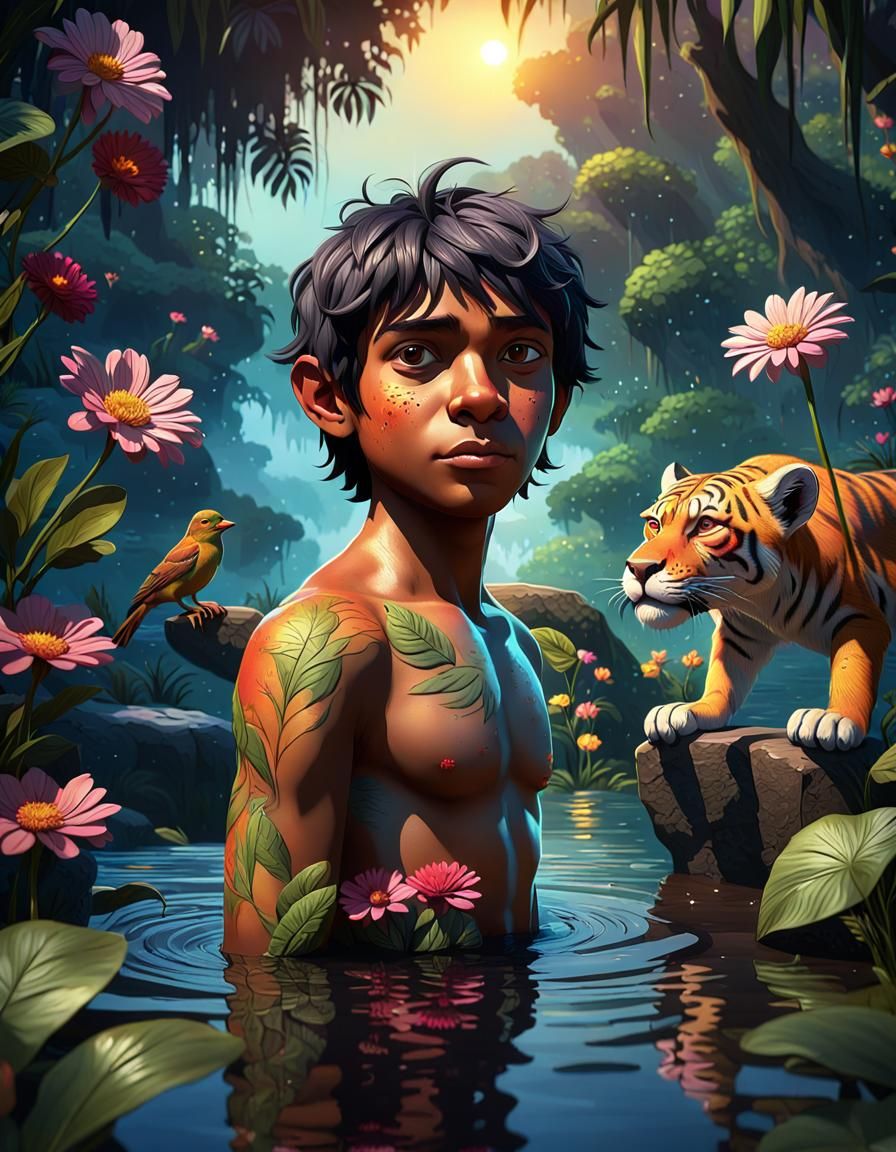Hyperrealistic Jungle Book Scene with Mowgli