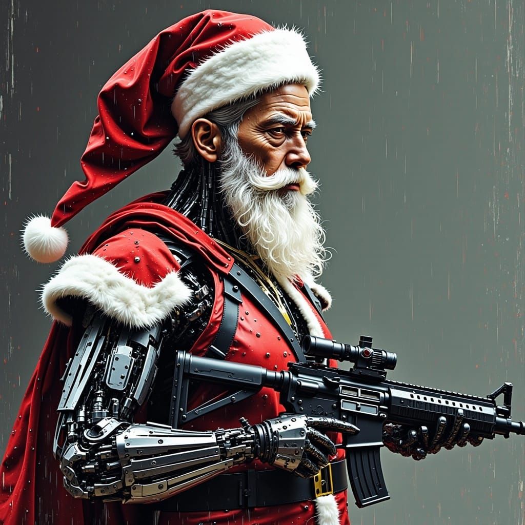Cyborg Santa Claus in Glitched Paramilitary Style
