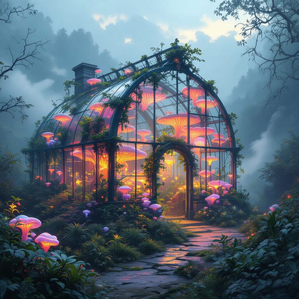 Eerie Greenhouse with Bioluminescent Fungi