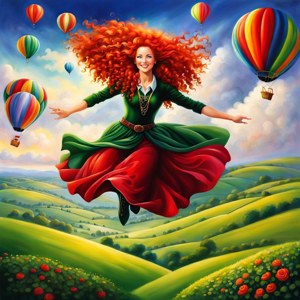Red-Haired Woman Floats in Irish Fantasy Landscape