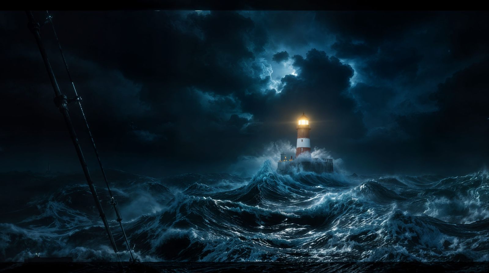 Solitary Lighthouse Pierces Dark Stormy Night