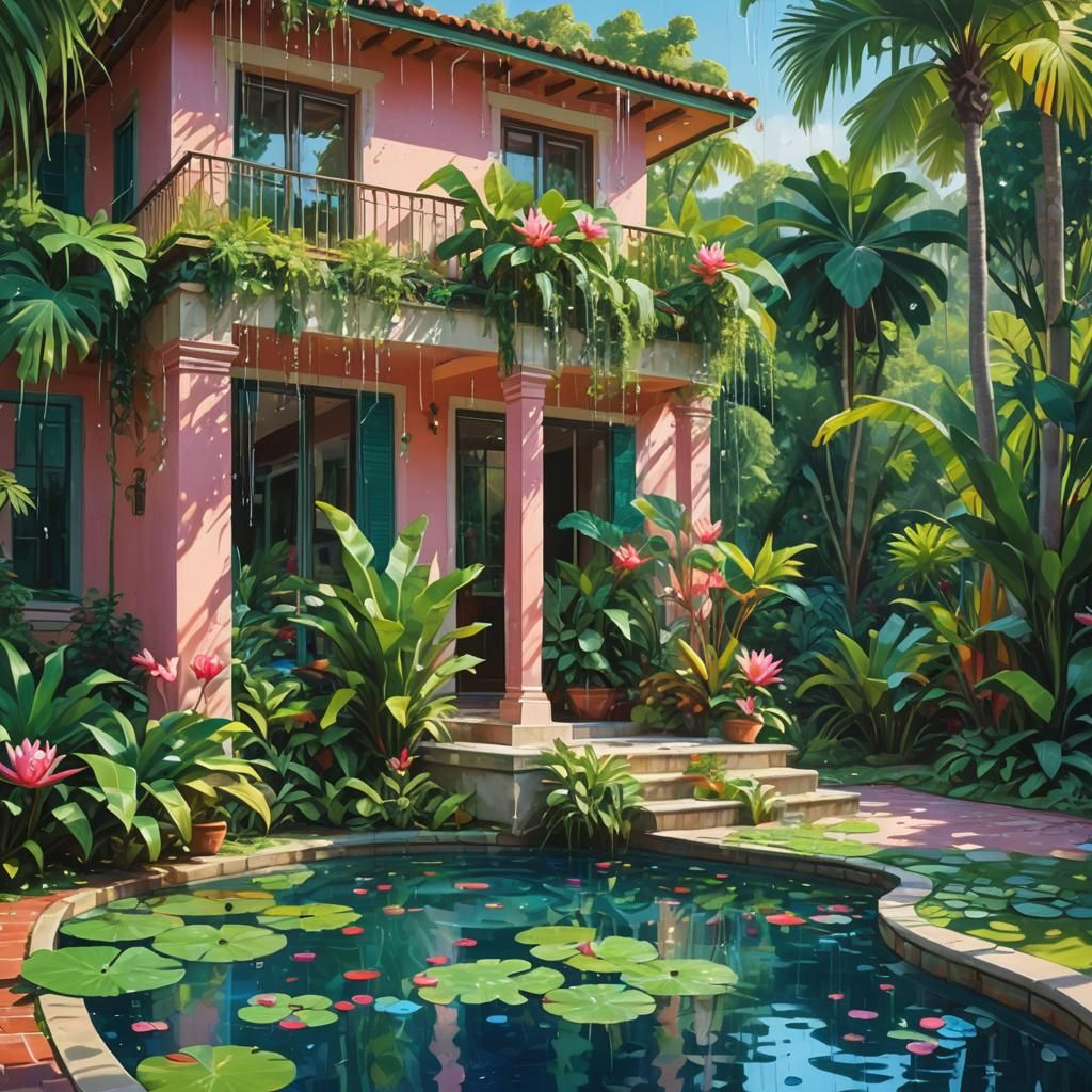Surreal Tropical Villa Painting with Interlocking Drip Color...