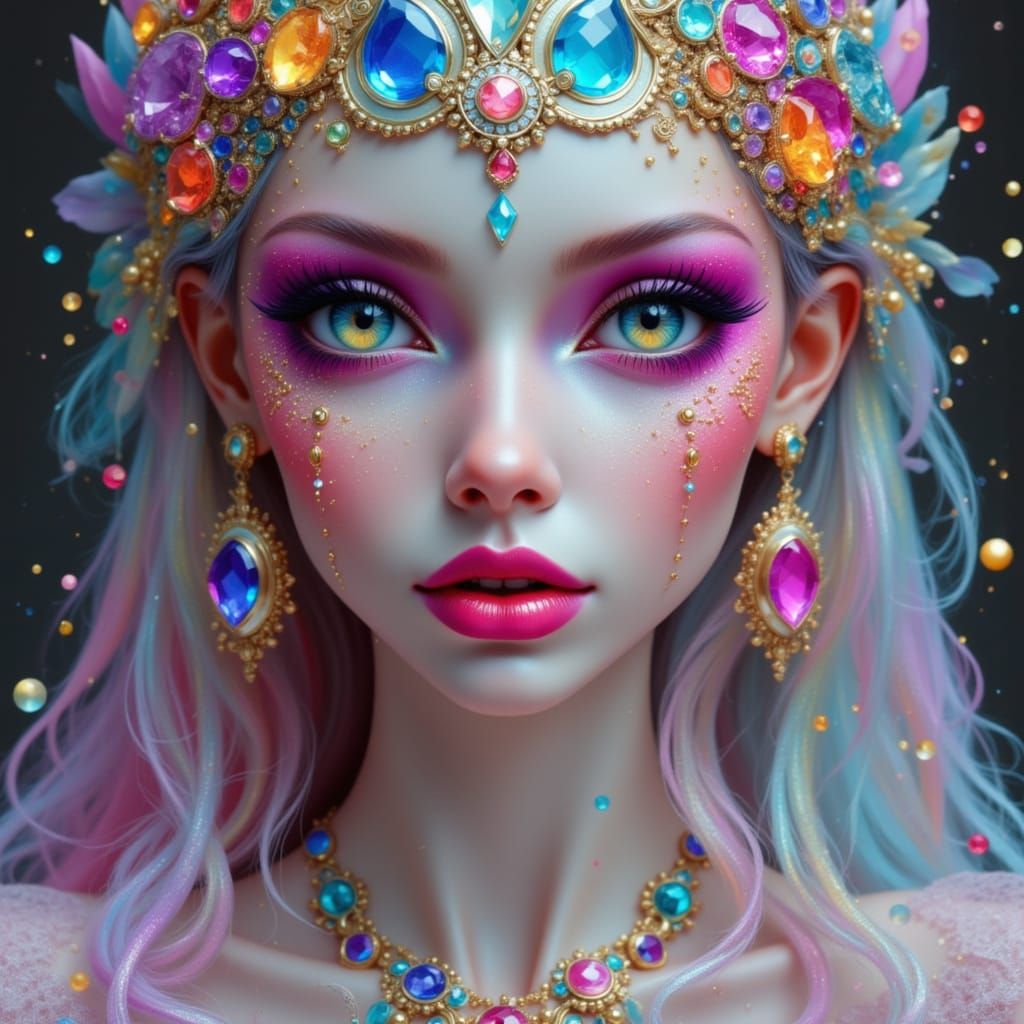 Rainbow Doll Woman in Gemstone Frame: Fantasy Art