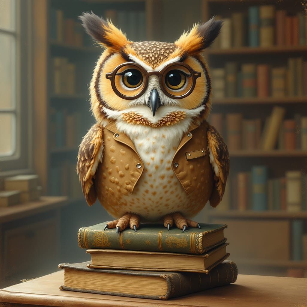 Wise Owl in Spectacles and Vest on Books