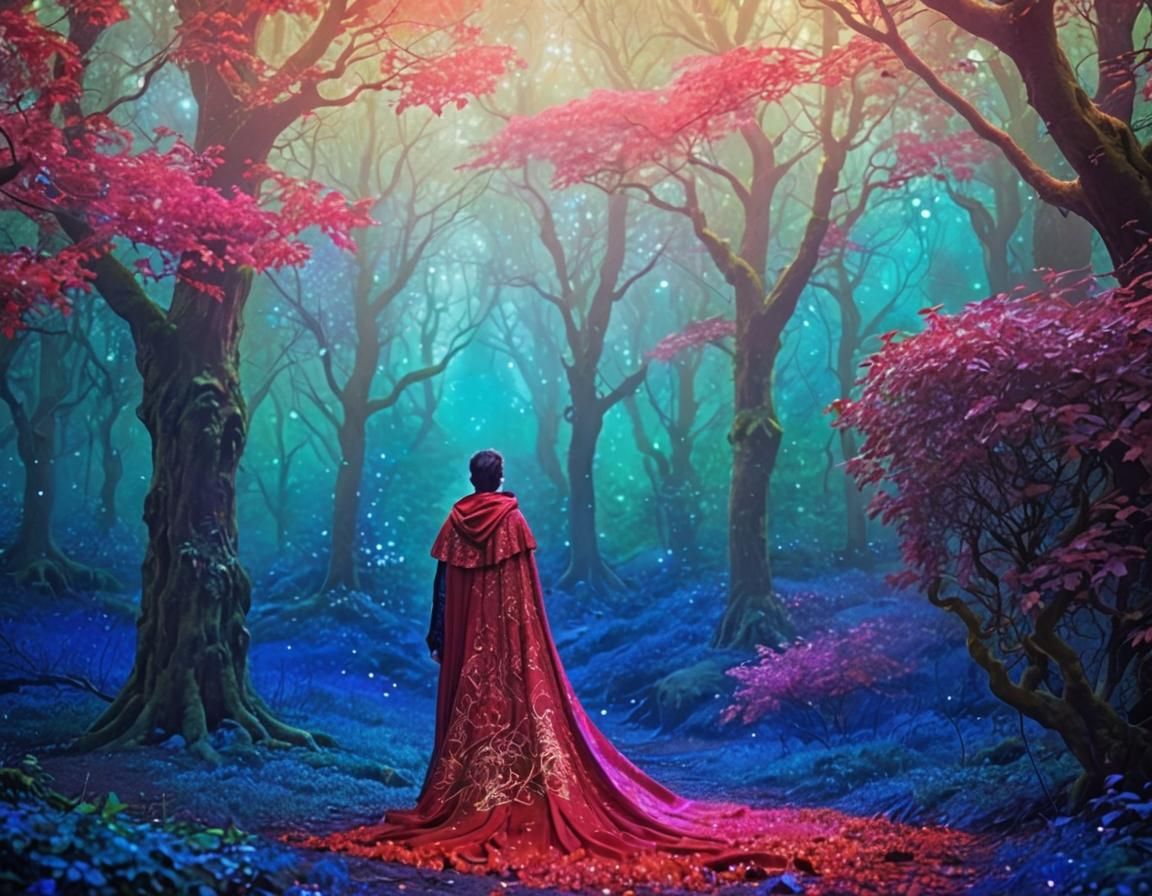 Red Cloak in Enchanted Forest with Glowing Colors