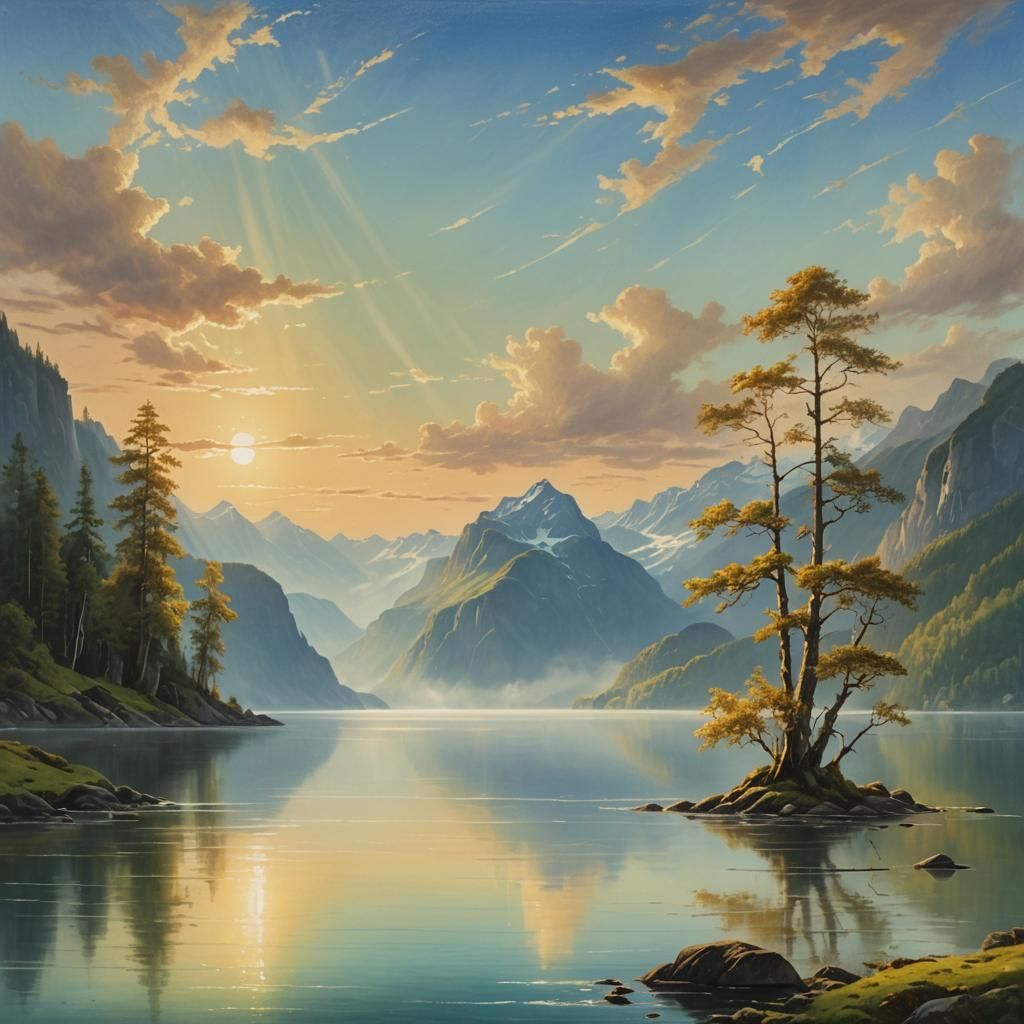 Luminous Landscape Painting of Fjords at Sunset