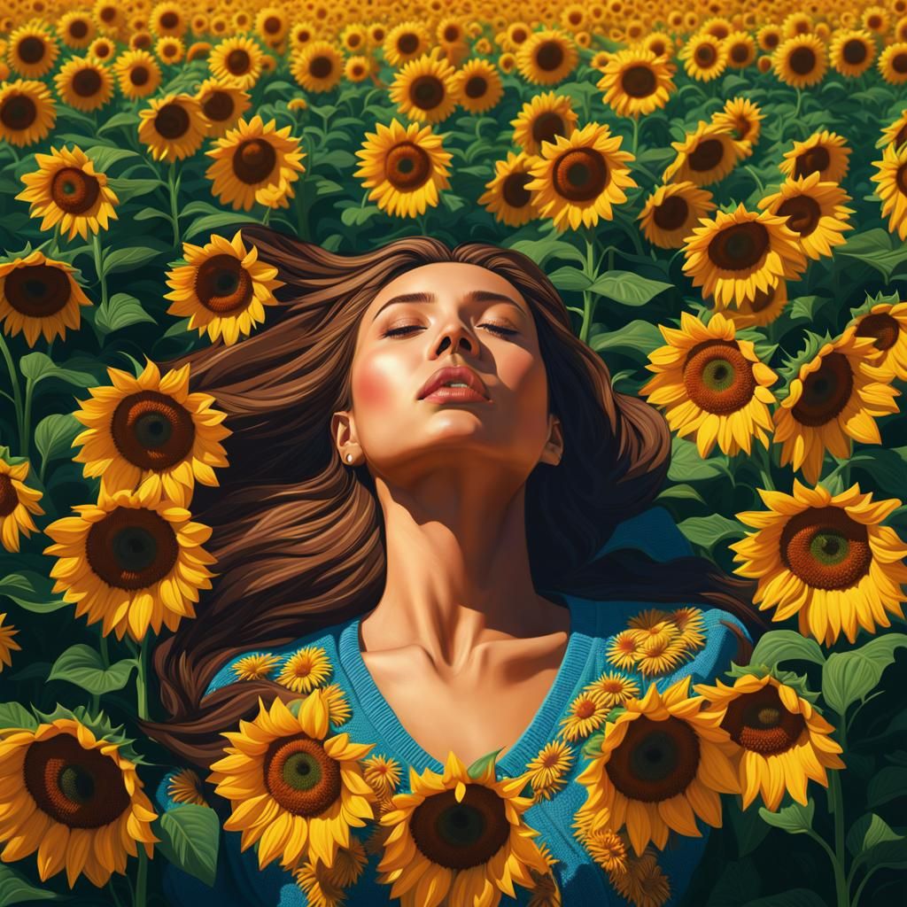 Woman in Sunflower Field: Hyperrealistic Splash Art