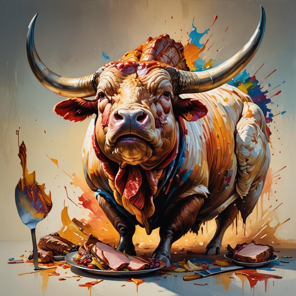 Hyperrealistic Bull Carving Turkey in Vibrant Oil Painting