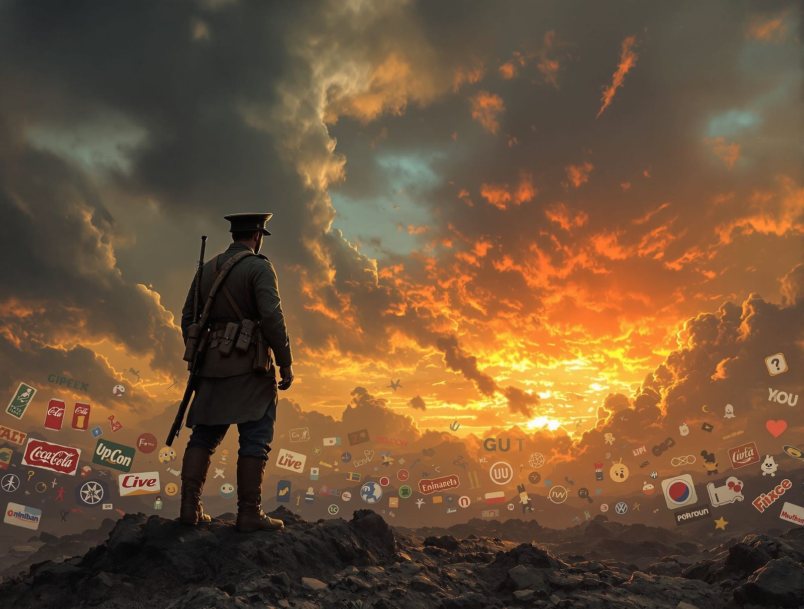 WWI Soldier Amidst Corporate Logos in Digital Matte Painting...