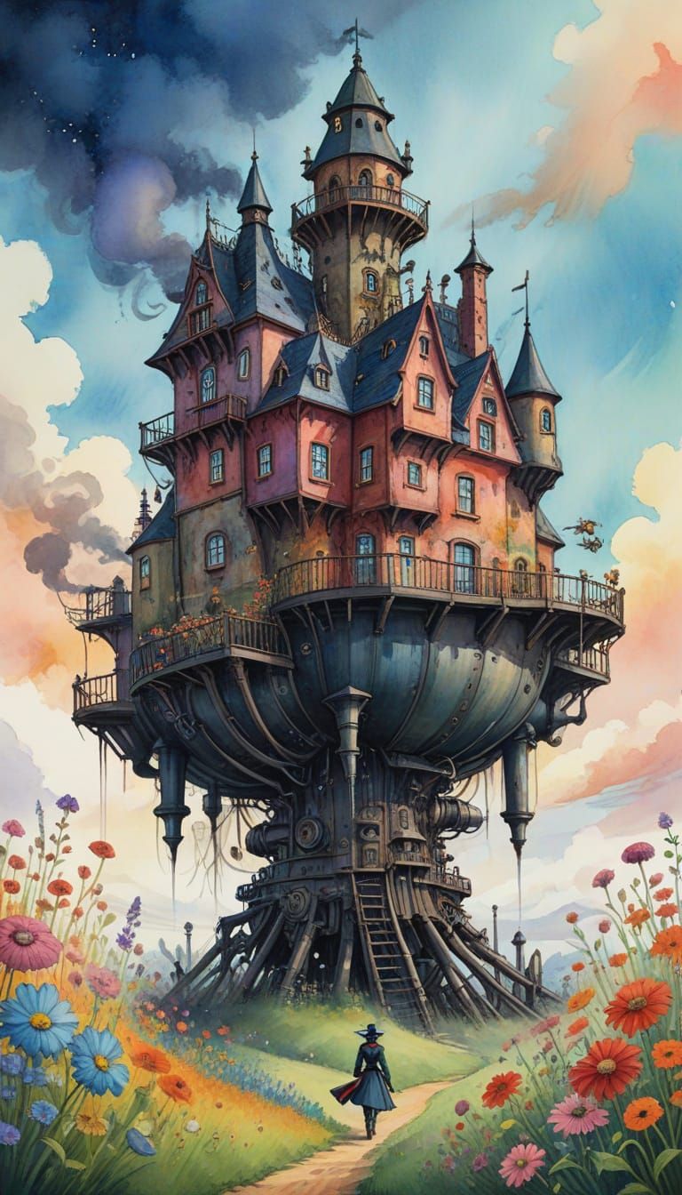 Steampunk Castle in Vibrant Floral Field
