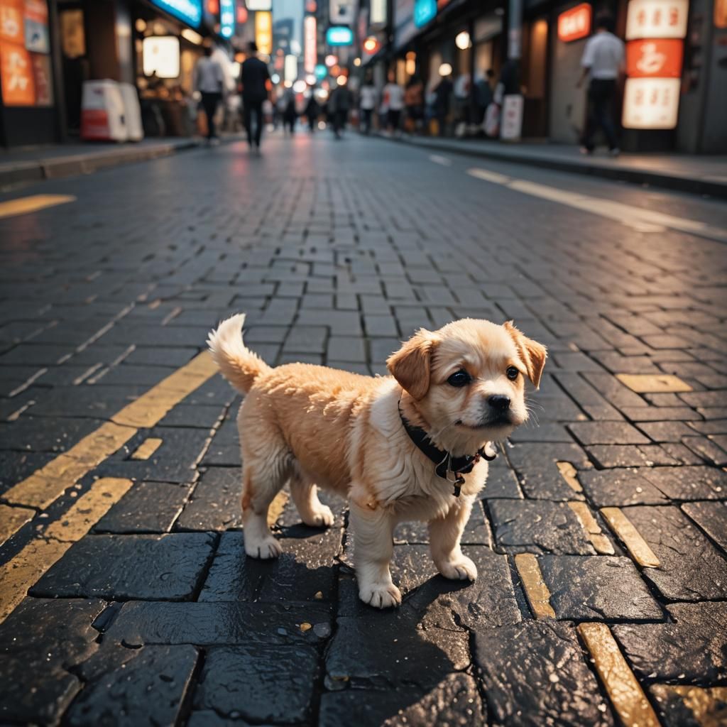 Puppy Eats Sushi in Rainy Tokyo: Digital Art