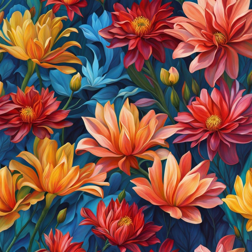 Vivid Floral Art: Intricate 7D Flowers in Oil Painting Style
