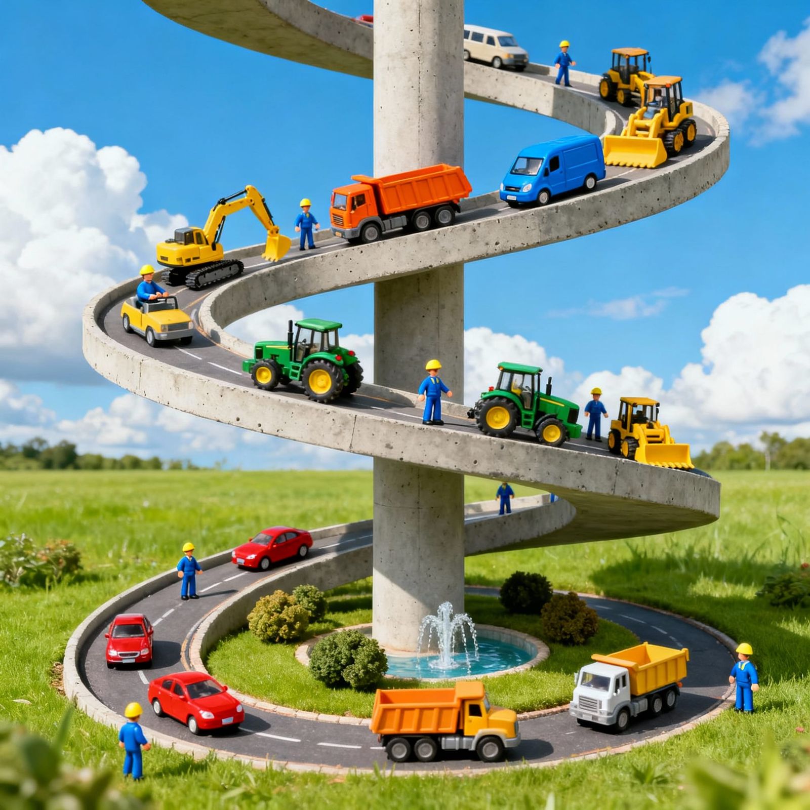 Photorealistic Spiral Concrete Ramp with Toy Vehicles in Gre...