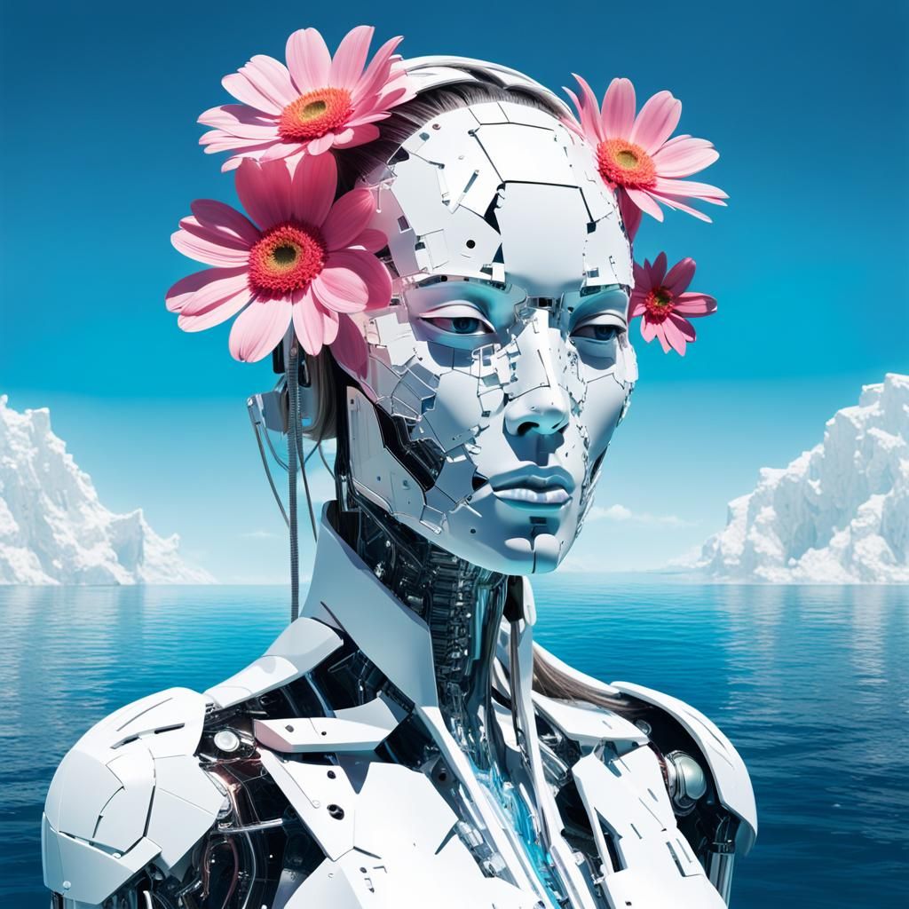 Abstract Cyborg Woman with Floating Objects in Surreal Style