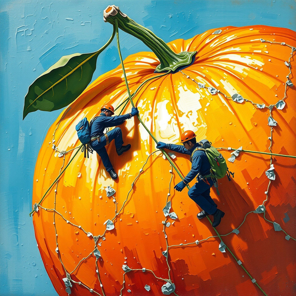 Miniature Climbers Ascend Giant Orange in Expressionist Styl...