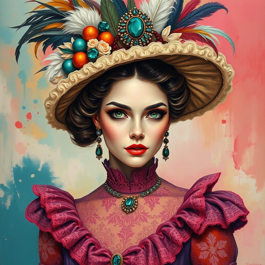 Woman in Opulent Victorian Gown with Emerald Eyes