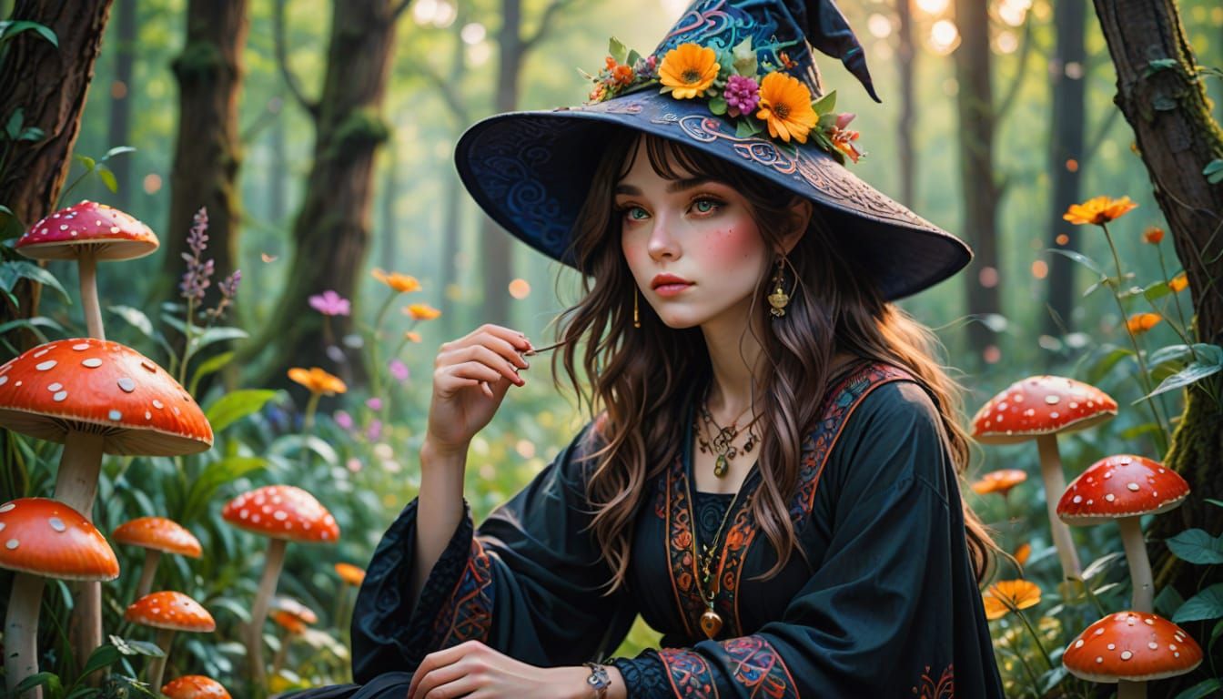 Boho Witch in Forest, Watercolor Art Nouveau Illustration