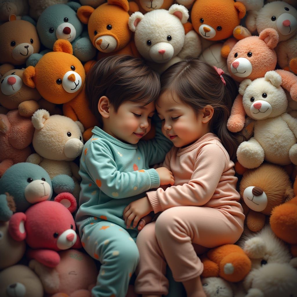 Children Snuggling on Pile of Stuffed Animals