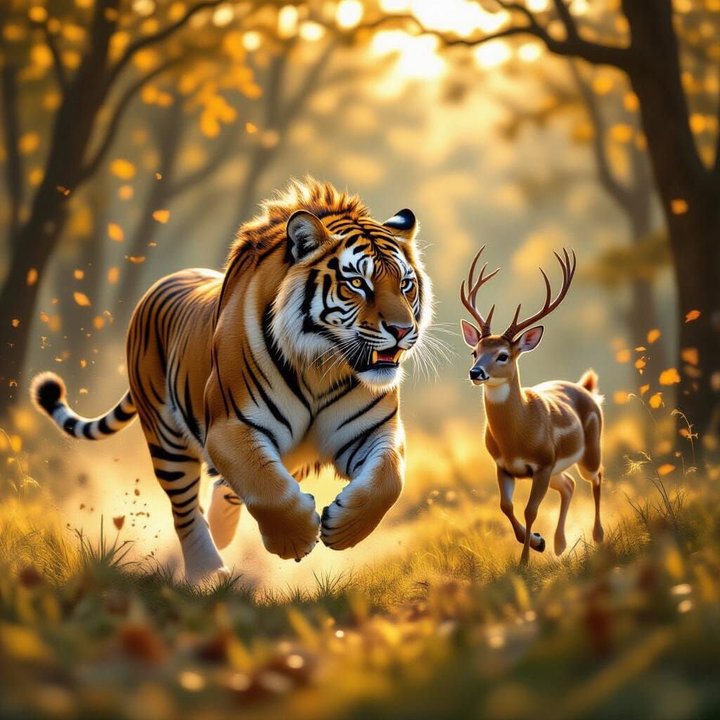 Liger Hunts Deer in Sunlit Forest Clearing