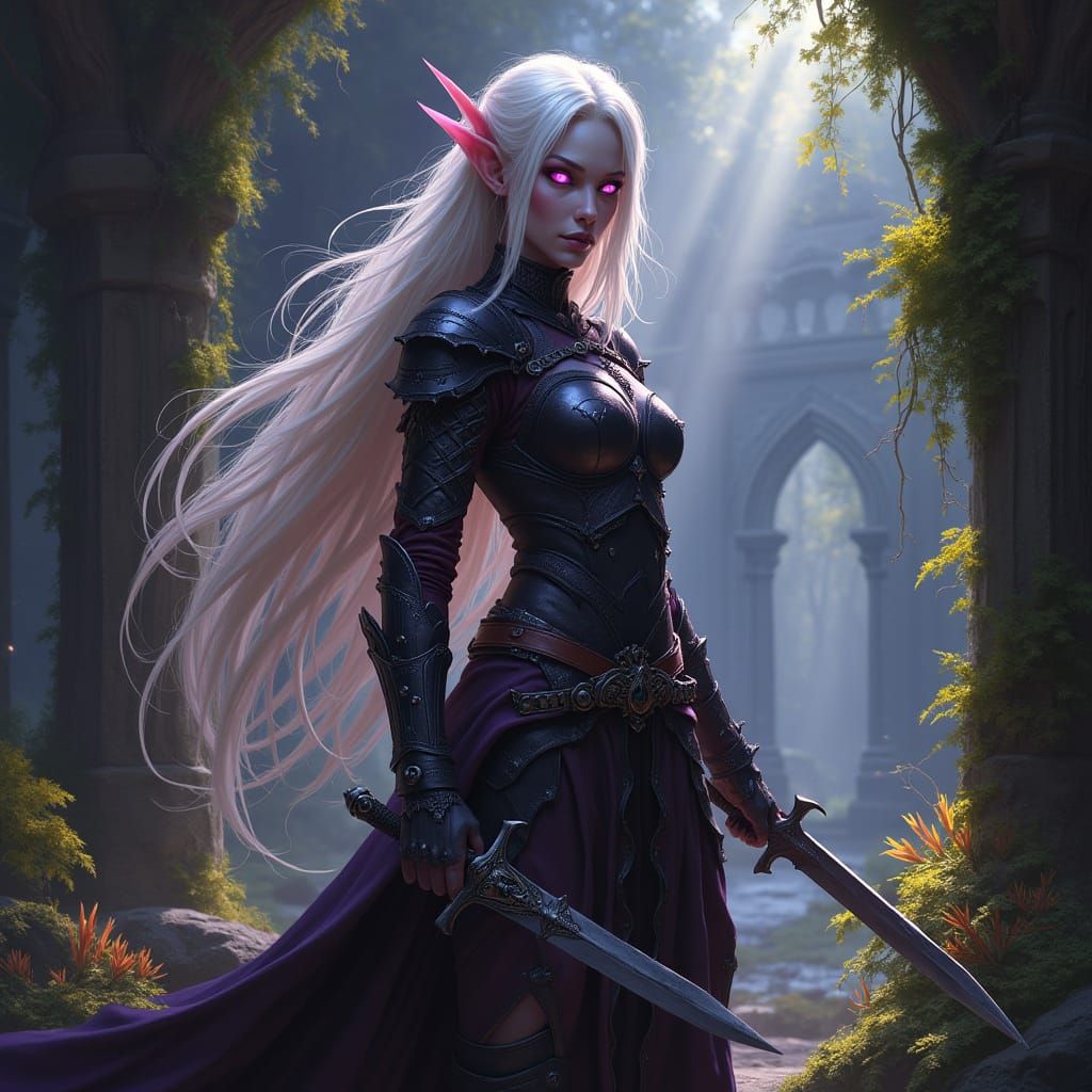 Albino Drow Elf Warrior Guards Overgrown Temple