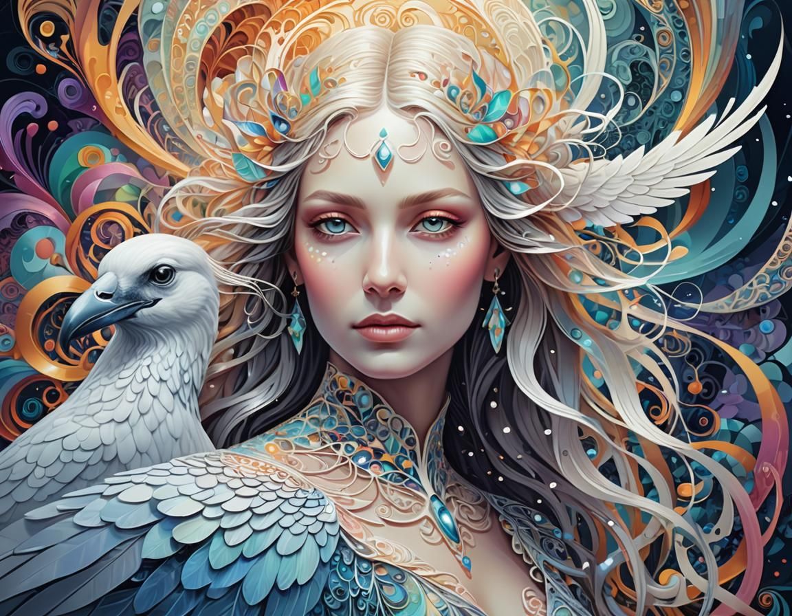 Mystical Lady White Crow in Fractal Art Style