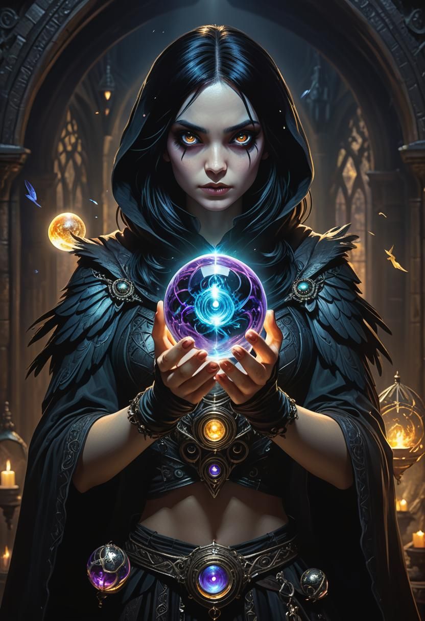 Raven-Haired Mage with Orb in Gothic Artstyle
