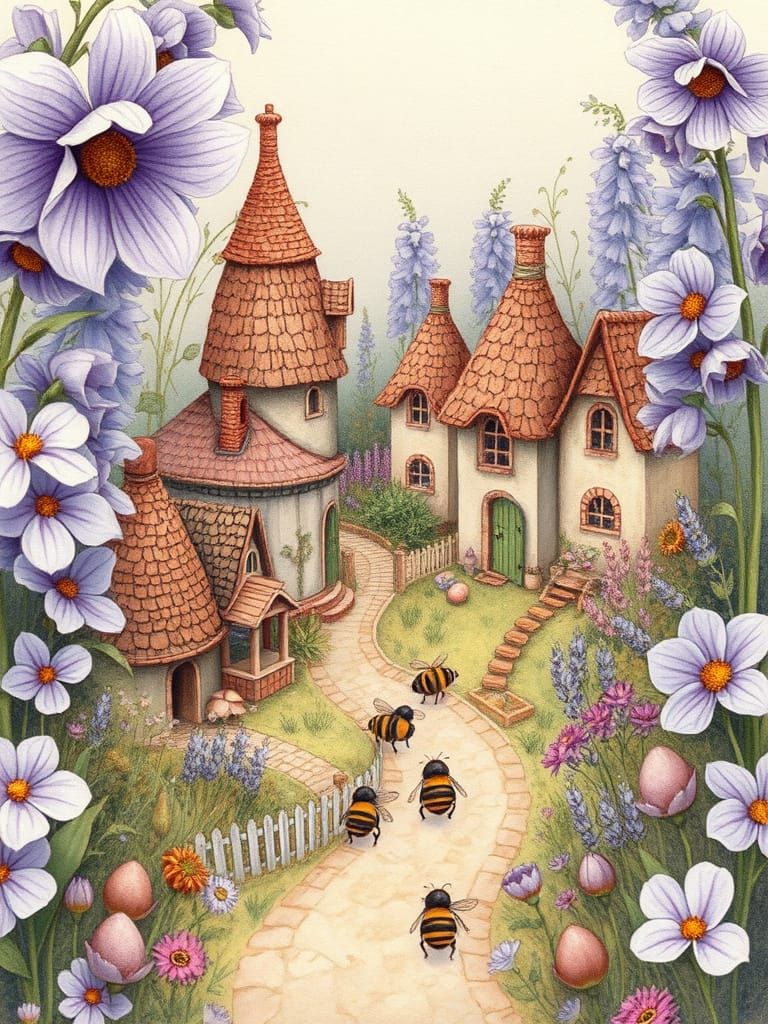 Quaint Village with Gnomes in Watercolor Style