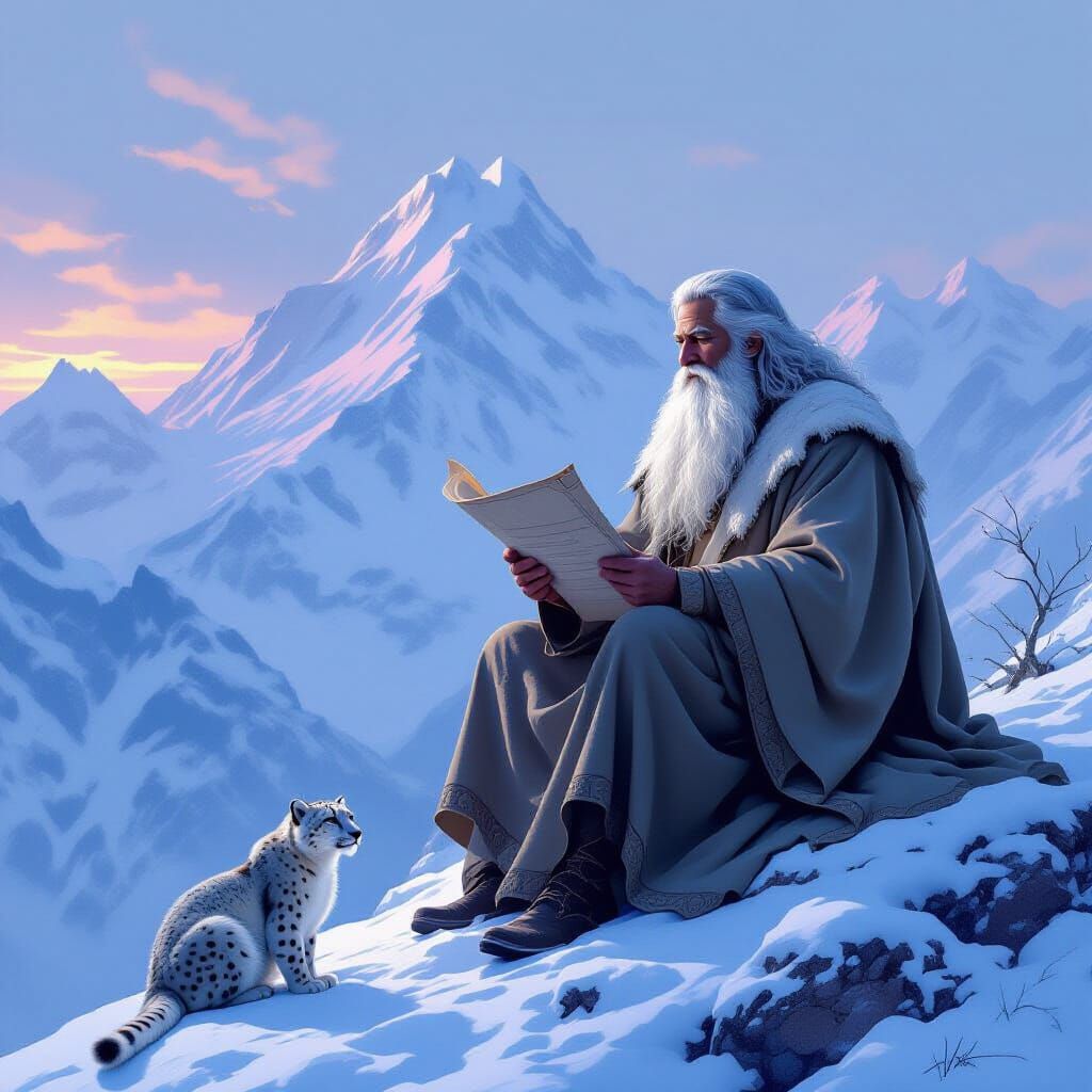 Wise Elder on Snowy Peak with Snow Leopard