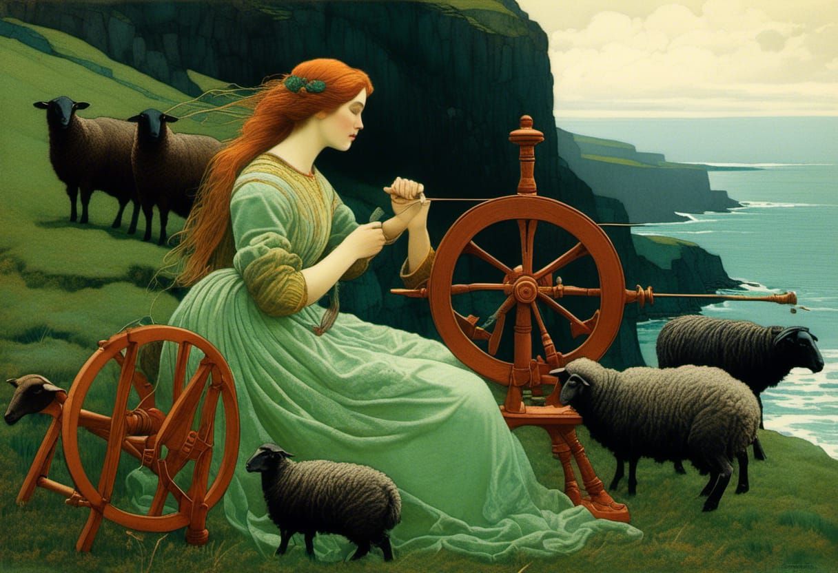 Coastal Spinner with Sheep, Carved Illustration Style