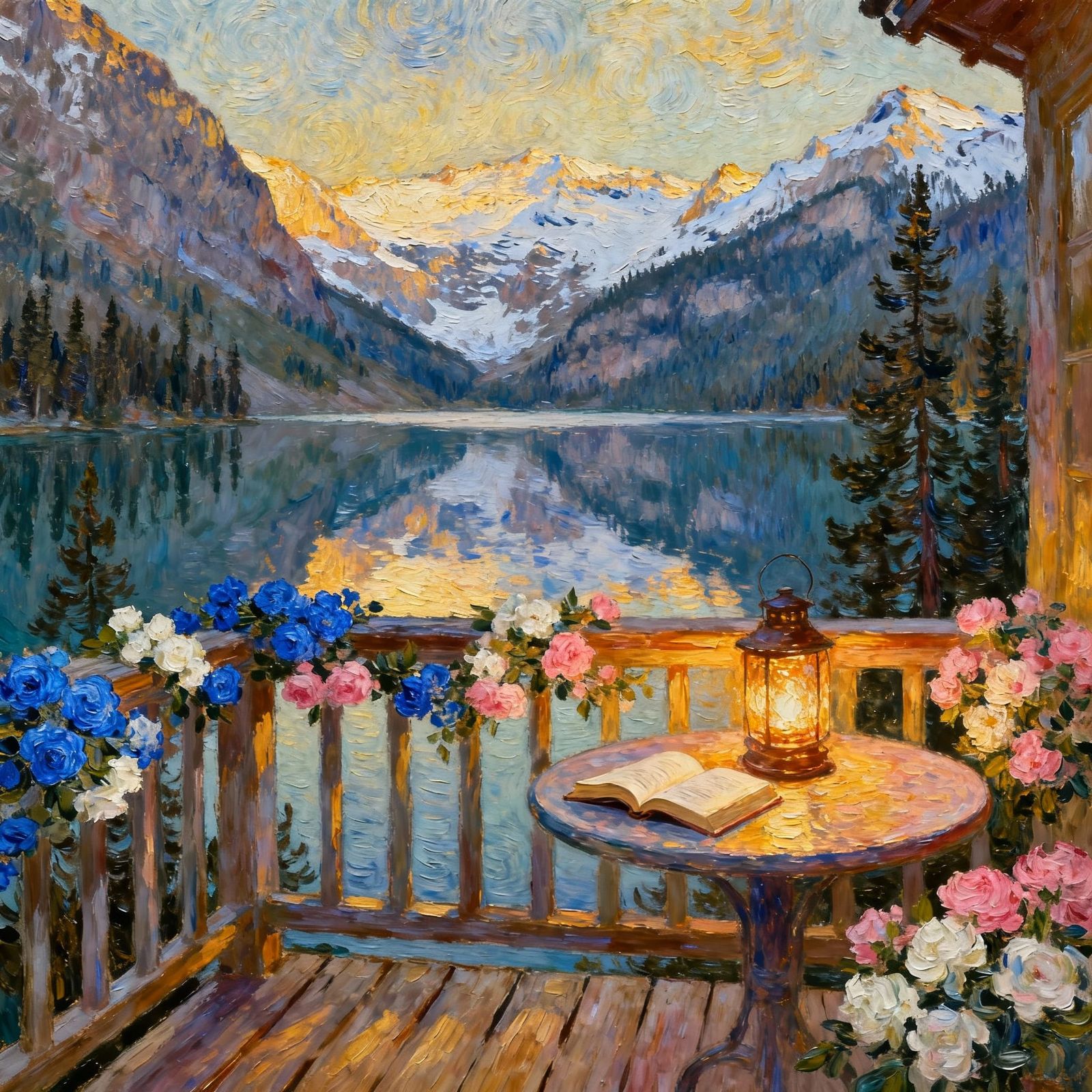 Vibrant Oil Painting of Mountain Balcony Overlooking Serene ...