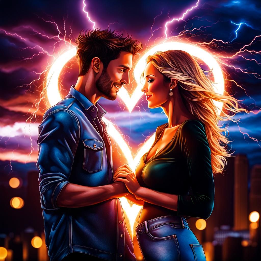 Couple's Loving Gaze Amidst Electric Heart Storm