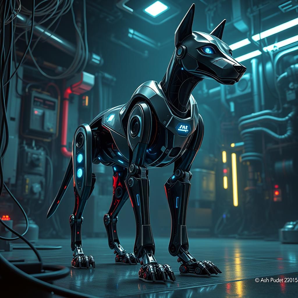 Sleek Cybernetic Dog in Neon Laboratory