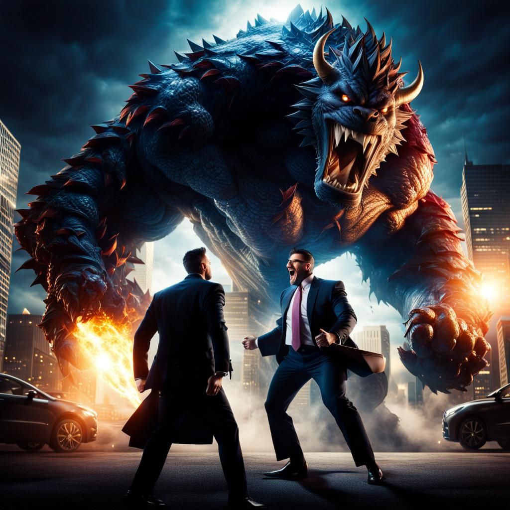 Businessman Battles Monster with Briefcase in 8k