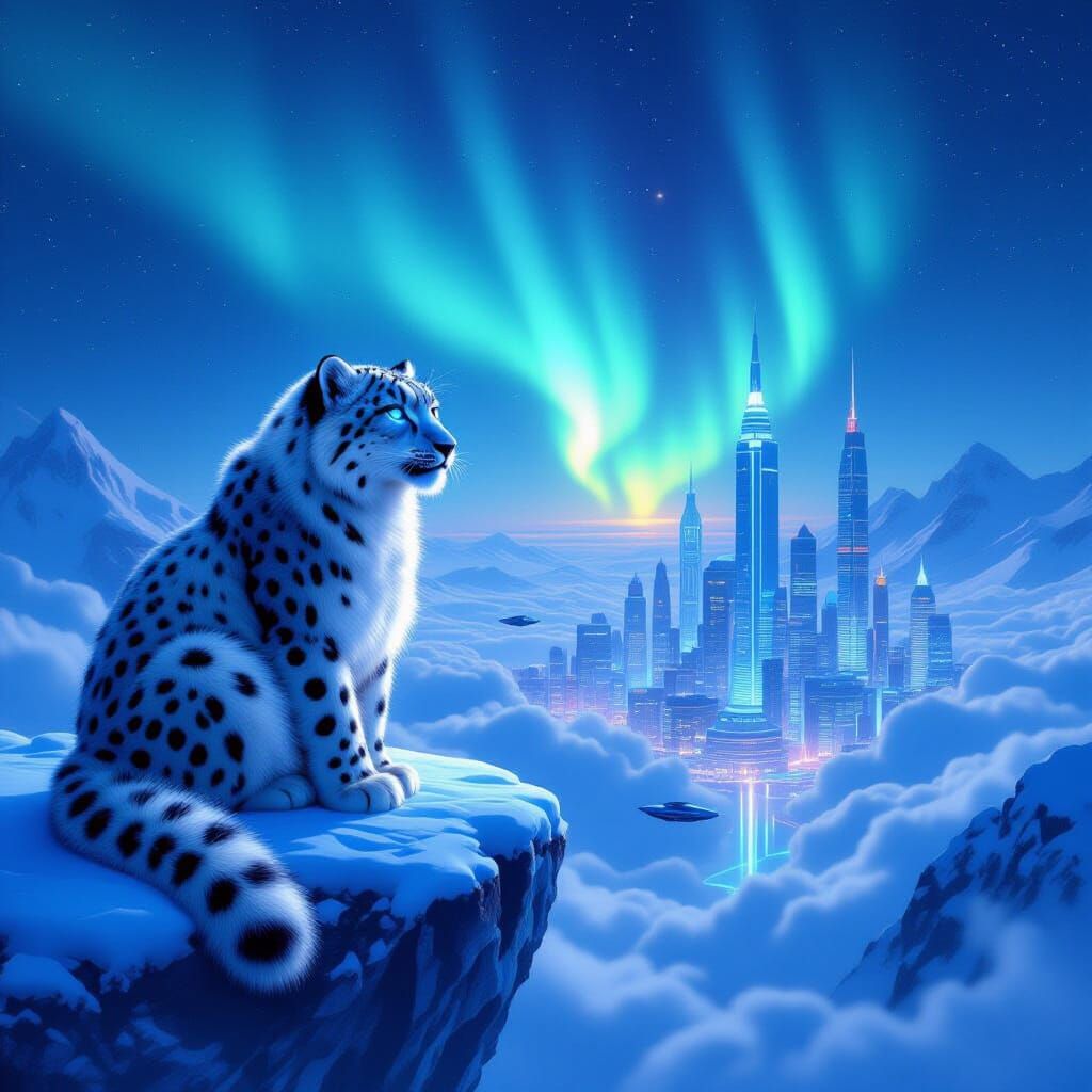 Snow Leopard Gazes at Aurora Over Futuristic City