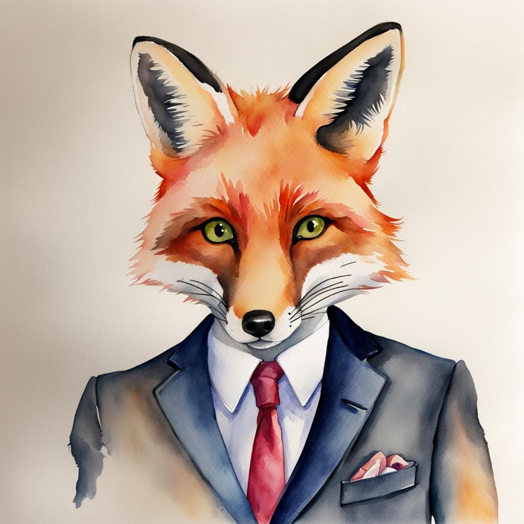 Fox in Suit: Charming Watercolor Illustration
