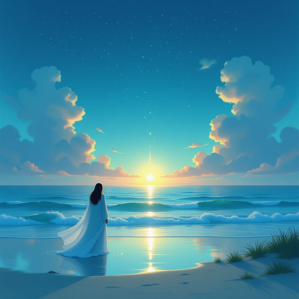 Ethereal Figure on Shore, Hopeful Horizon in Painterly Style