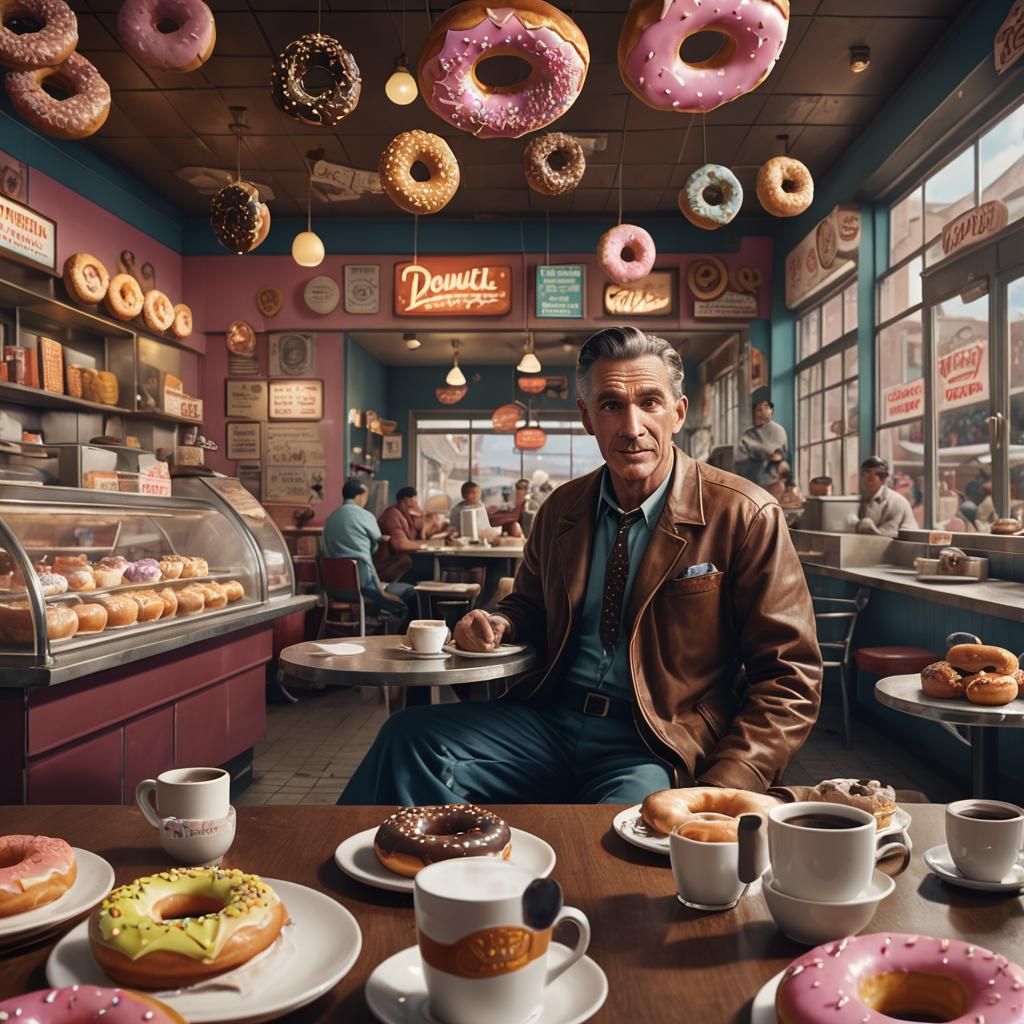 1950s Man Enjoying Coffee and Donut