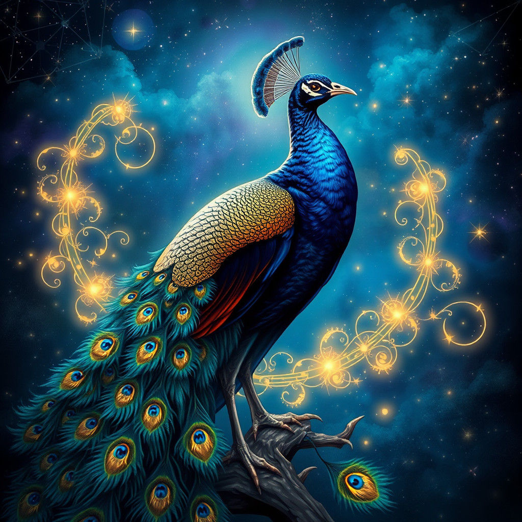 Majestic Peacock in Starry Night with Glowing Runes