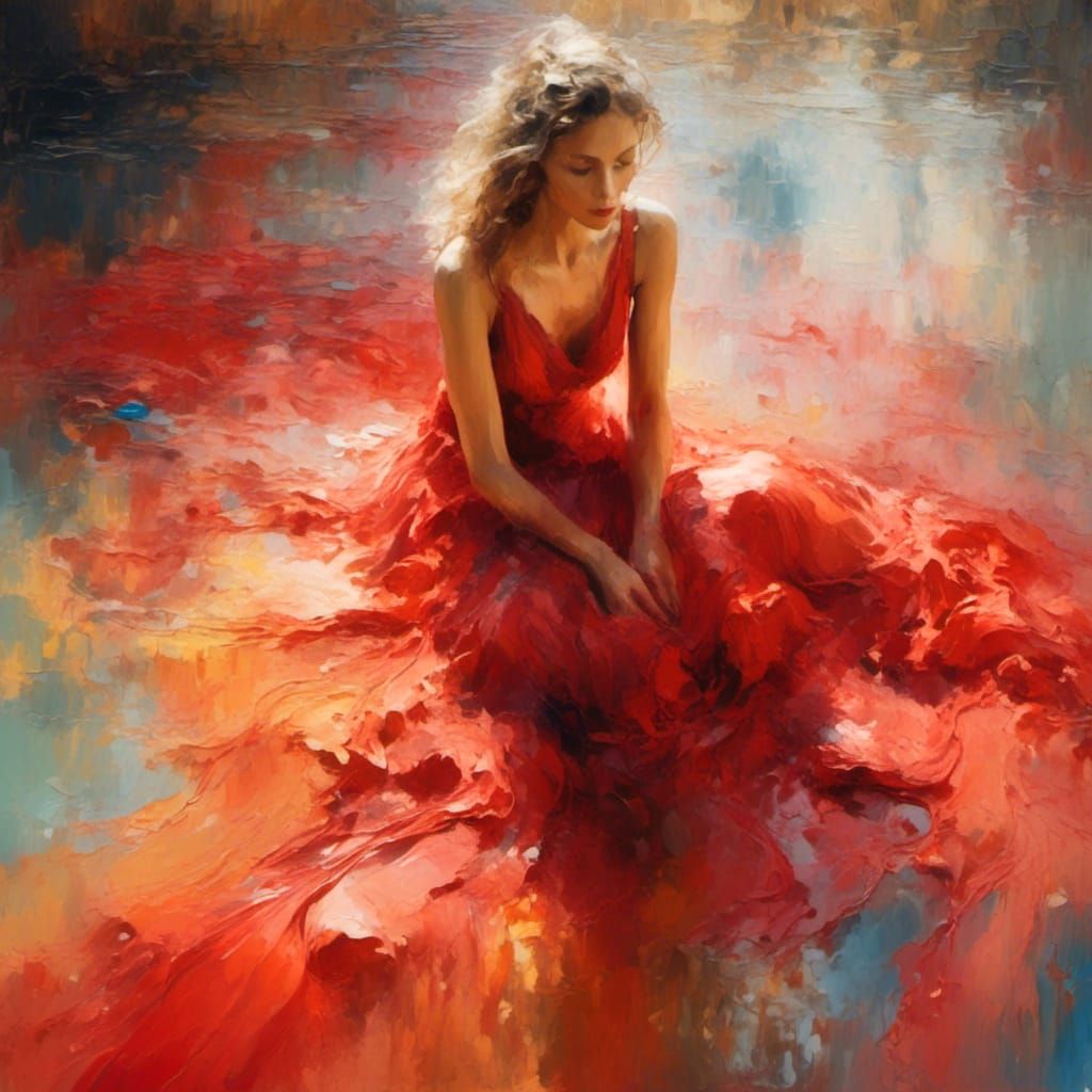 Elegant Woman in Red Dress: Surreal Oil Painting