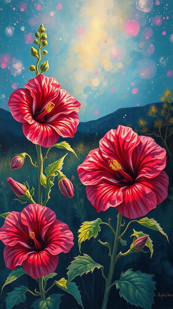 Radiant Hibiscus Landscape in Oil with Bioluminescence