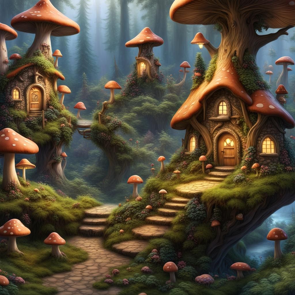 Enchanted Fairy Village: A Luminous Digital Painting