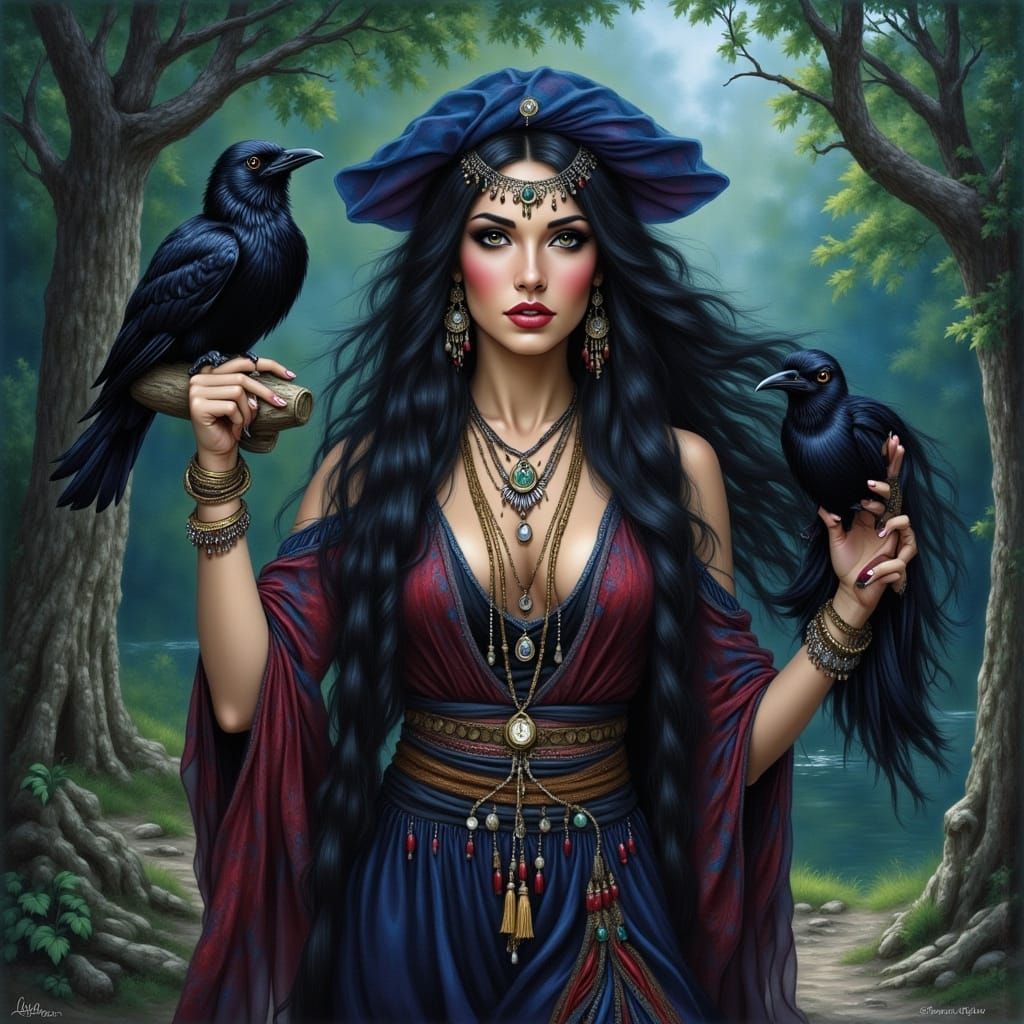 Gypsy Woman with Raven in Enchanted Forest