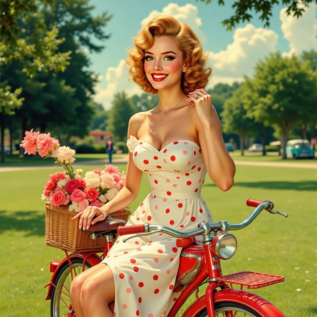 Playful Pin-Up Girl on Vintage Bicycle