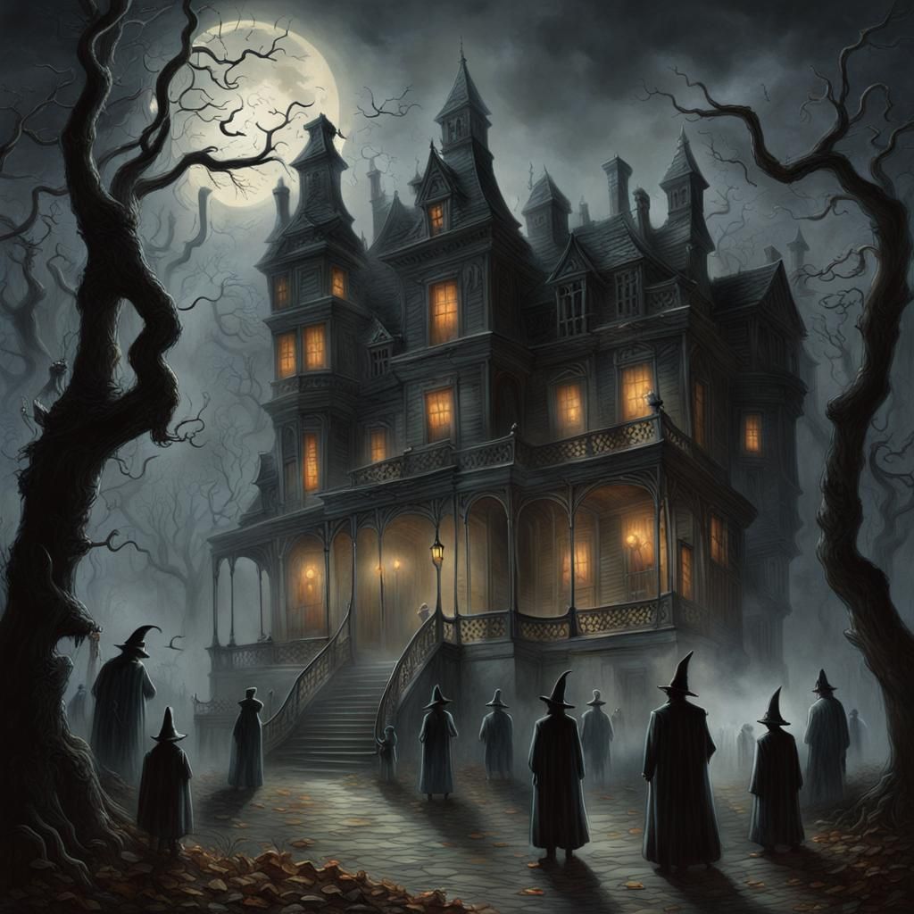 A haunted mansion surrounded by eerie mist