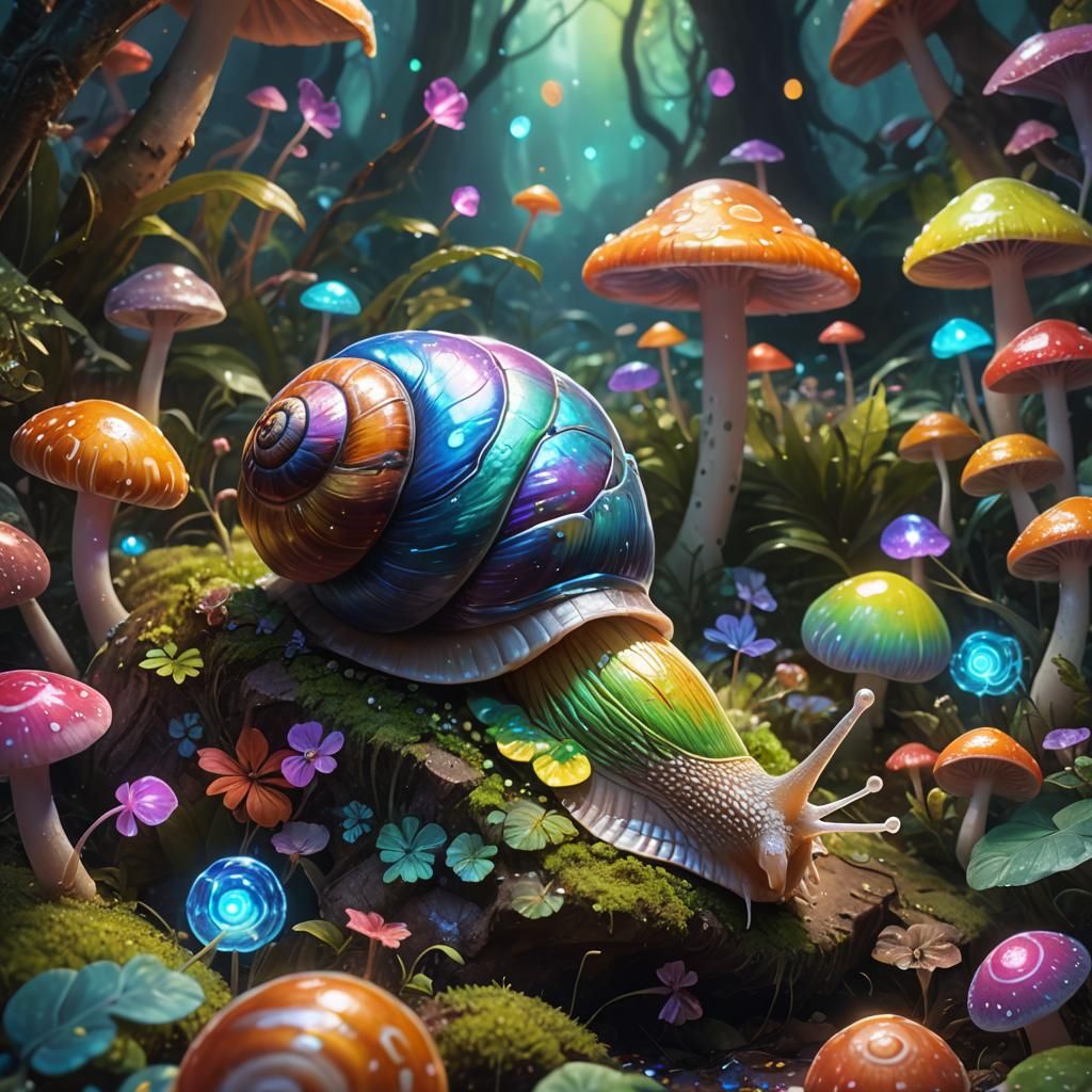 Rainbow Snail in Mystical Garden, Digital Art