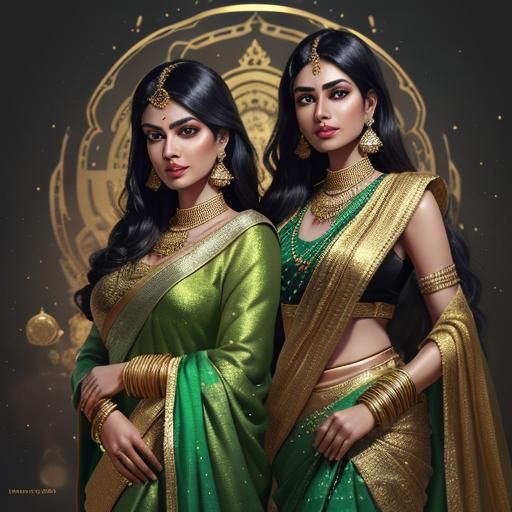 Two Young Women in Golden Sarees: Fantasy Art