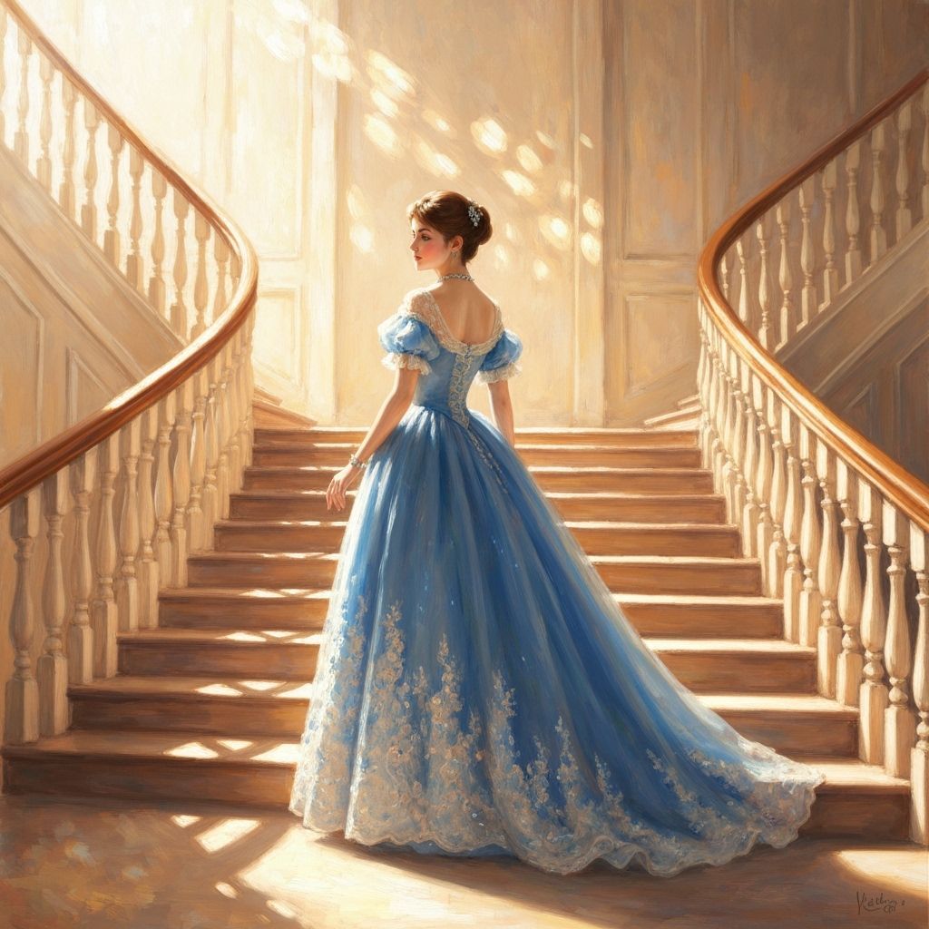 Elegant Lady in Blue Gown on Grand Staircase, Impressionist ...
