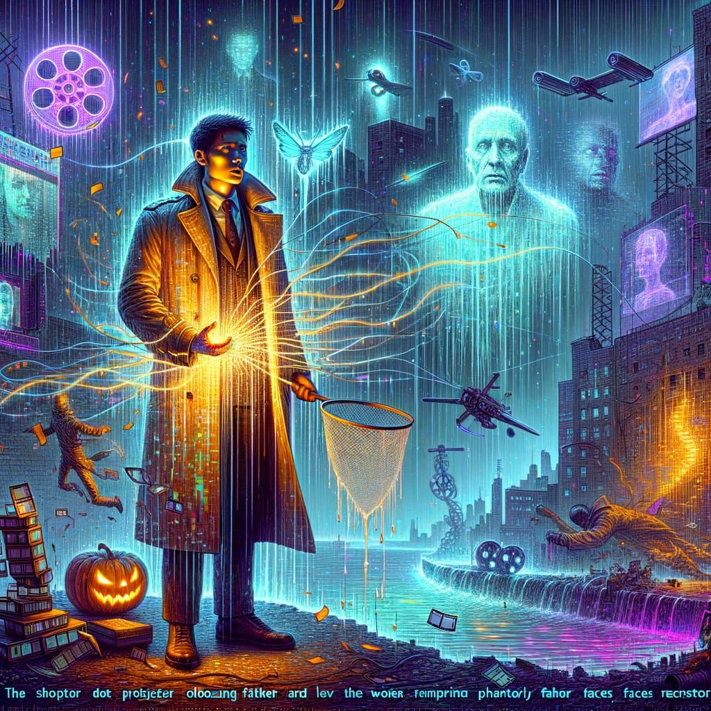 Cyberpunk Noir Scene: Echo Hunter in Glowing Trench Coat
